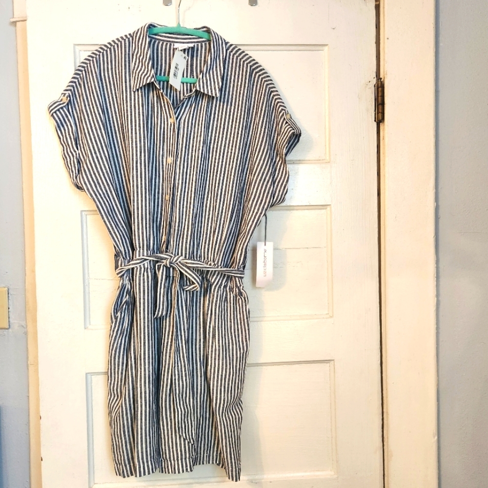 Liz Claiborne Romper, Linen Blend, Navy Blue Striped, Sz XL Pockets Belt NWT